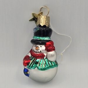 Old World Christmas Mini Holiday Glass Snowman Ornament Green Vest 2.5"